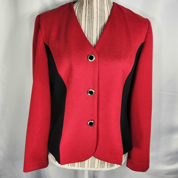 Vintage Leslie Fay Dresses Red & Black V Neck Button Down Short Jacket Size 8 - Picture 1 of 11